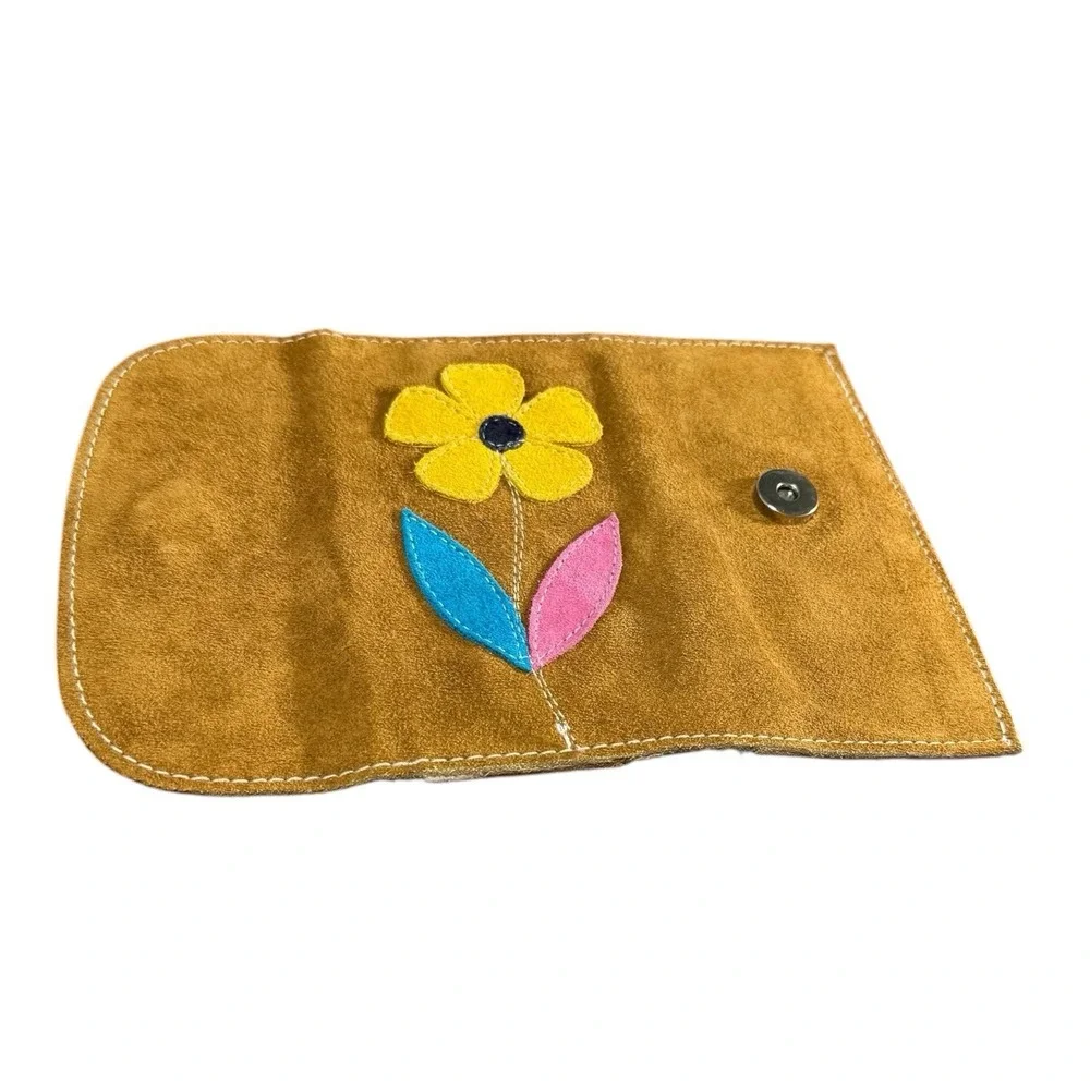 Suede Leather Euro Wallet Flower Contrast Stitching Fold‎ Mirror Zipper Colorful
